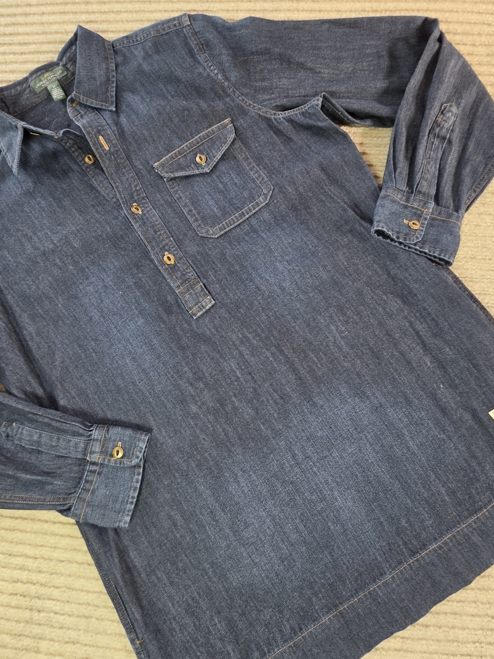 Lauren Jeans Co. Tunic Shirt Dress Dark Wash Blue Denim Button Long Sleeve Med